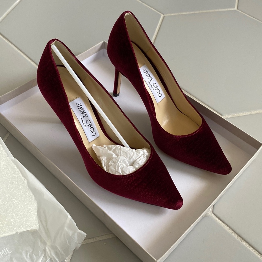 Jimmy choo romy 85 Bordeaux color “lizard printed velvet”